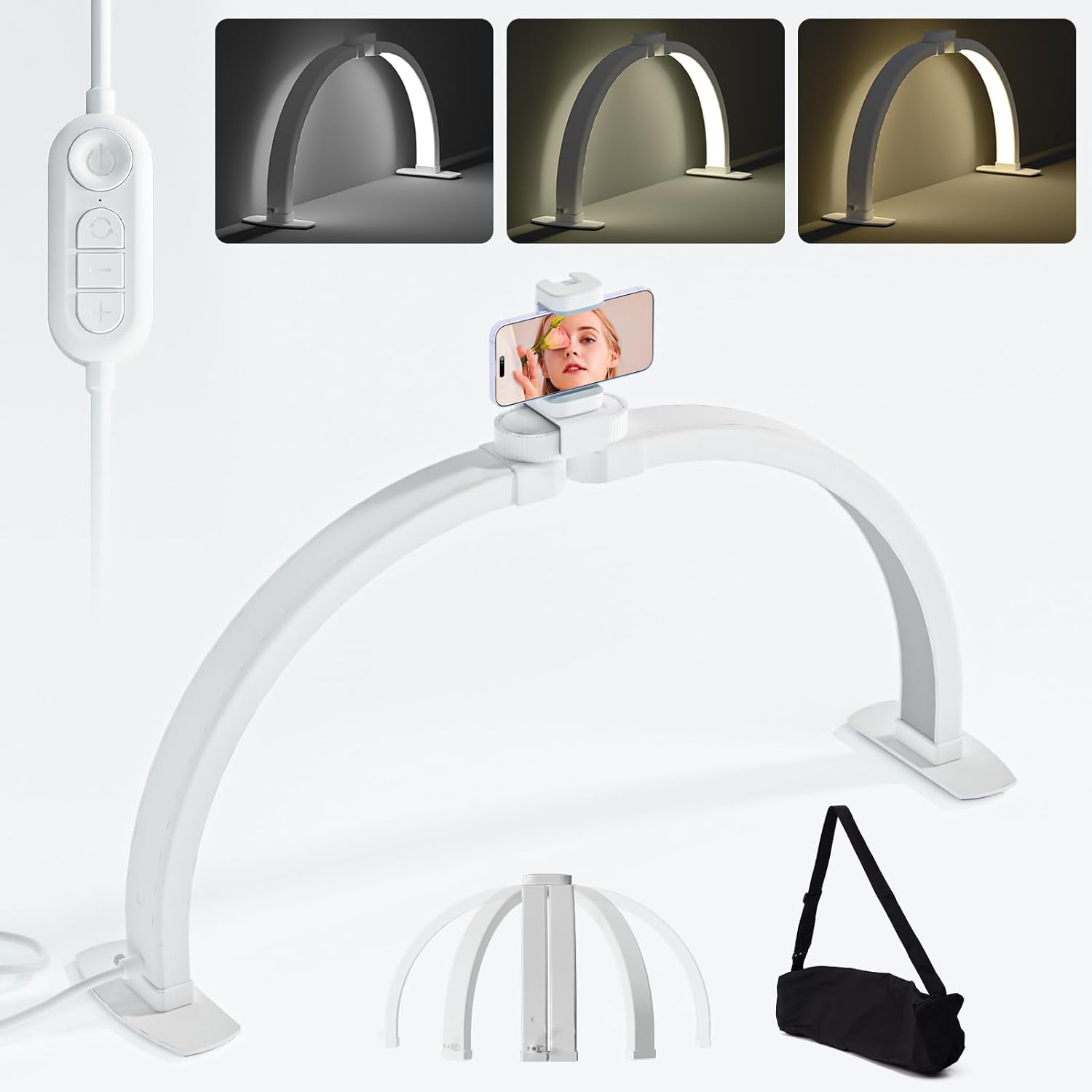 Close-up of LED half moon beauty lamp with adjustable brightness and color temperature