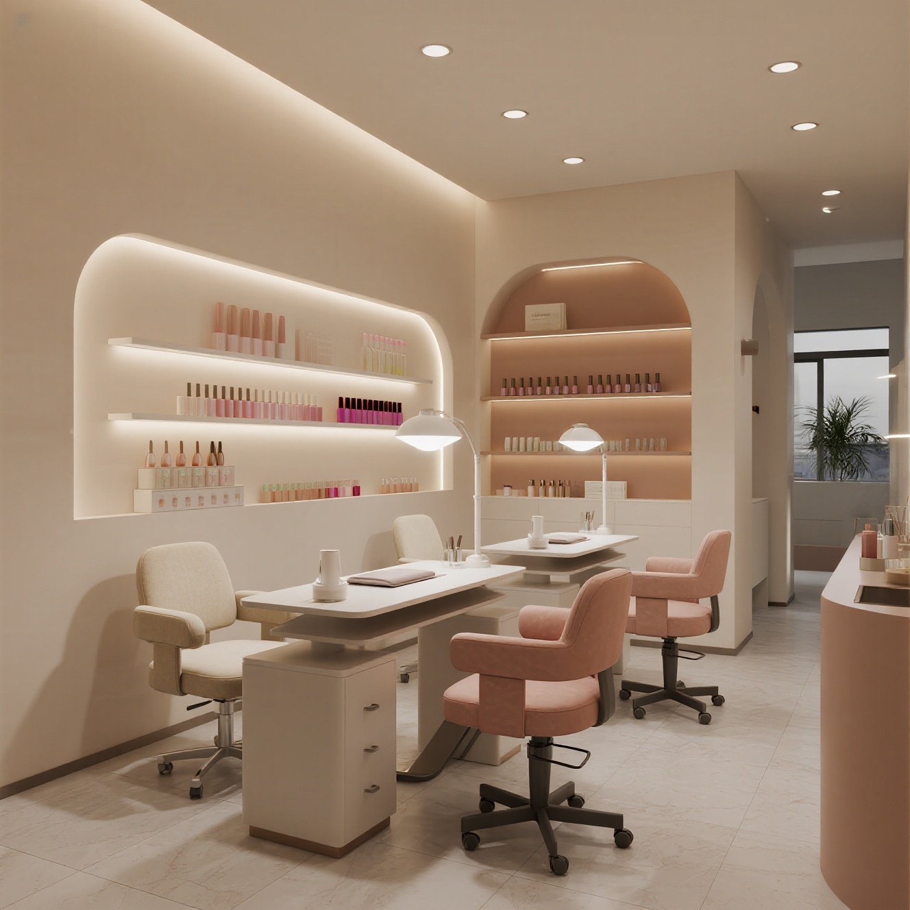 Nail technician working on manicure with even LED lighting