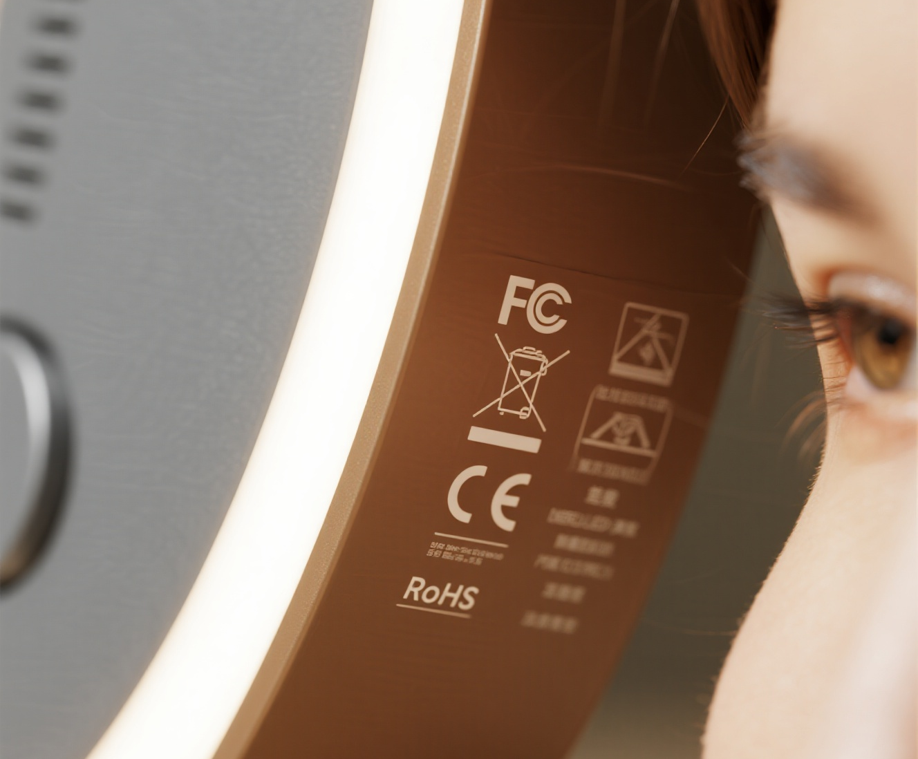 Eco-friendly packaging and energy-efficient LED beauty lamp with compliance icons FCC CE RoHS