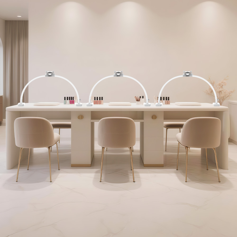Half moon light setup for professional nail salon workstation