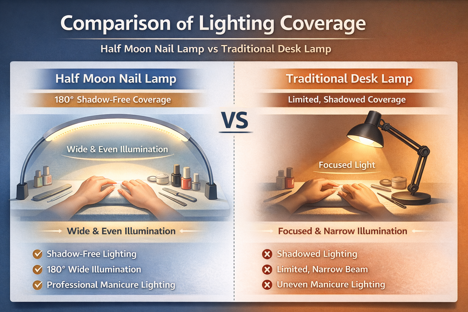Comparison of lighting coverage between half moon light and traditional desk lamp