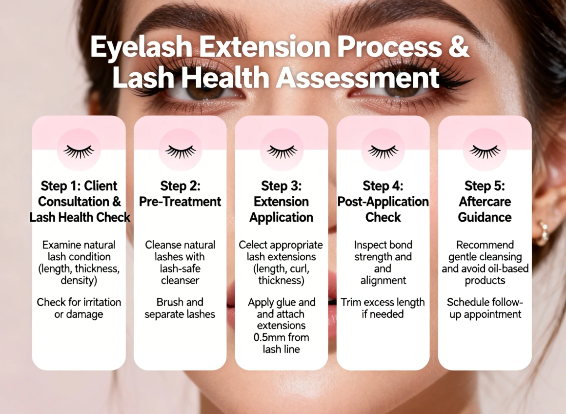 Eyelash extension process with proper lash health assessment