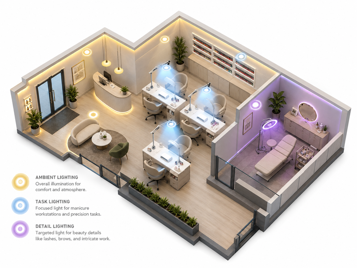 Nail salon lighting layout with ambient task and detail lighting areas