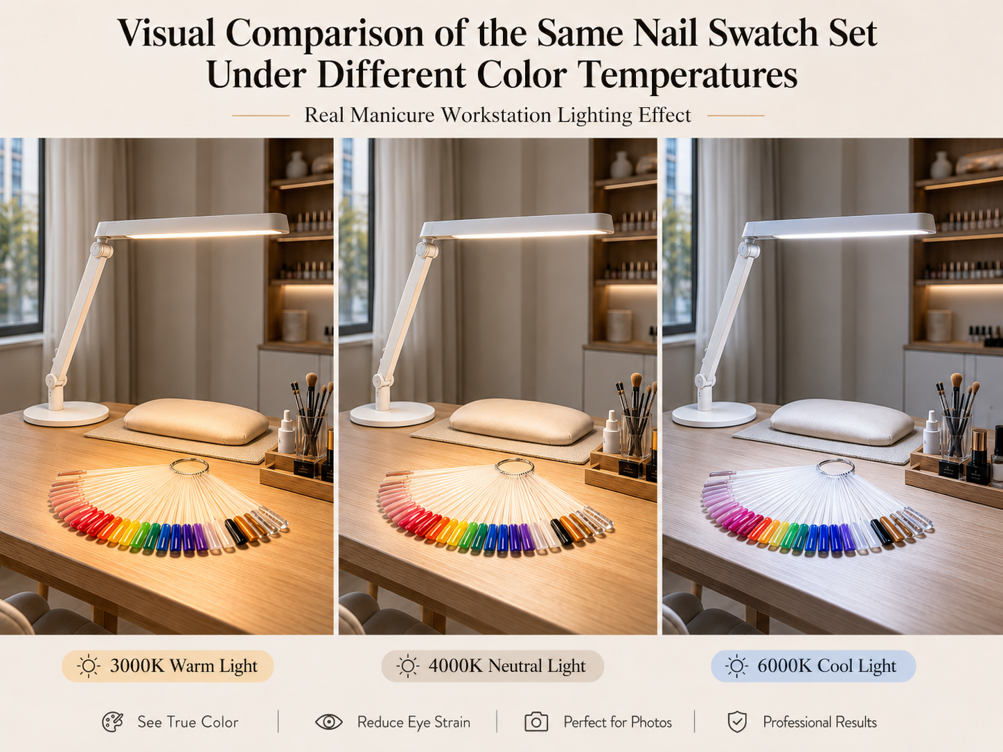 Nail colors viewed under different nail lamp color temperatures