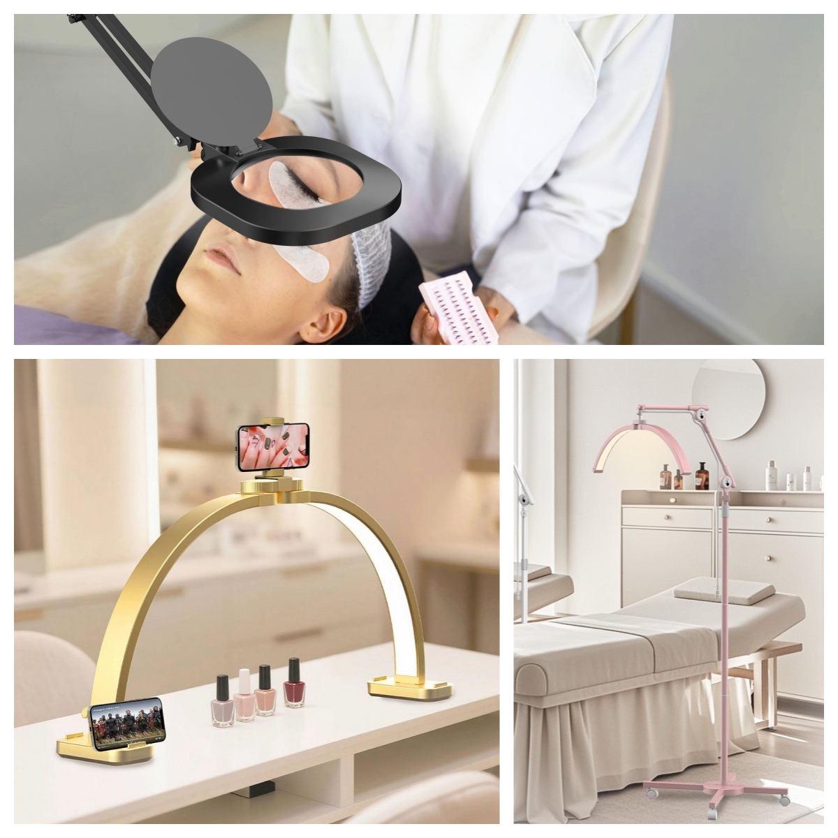Professional beauty lighting solutions including half moon lamp lash lamp and magnifying lamp