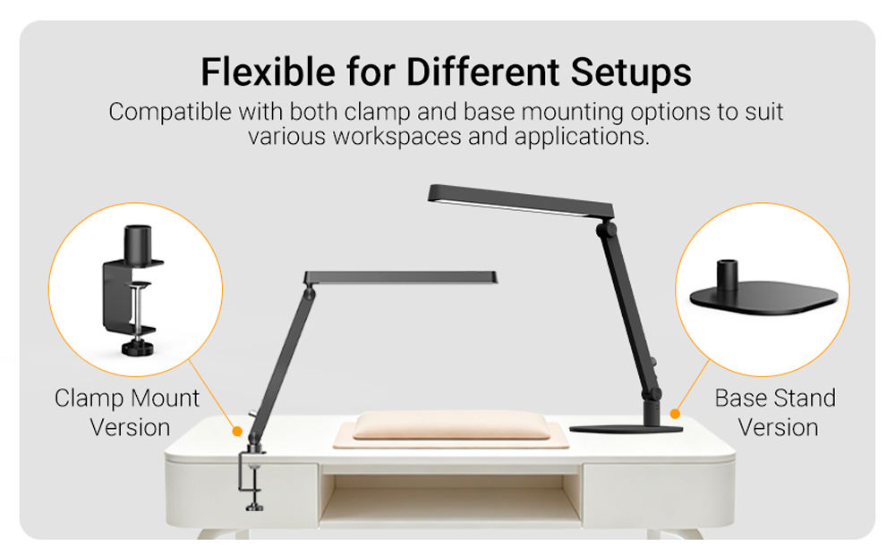 Base and clamp mounting options for a professional nail desk lamp