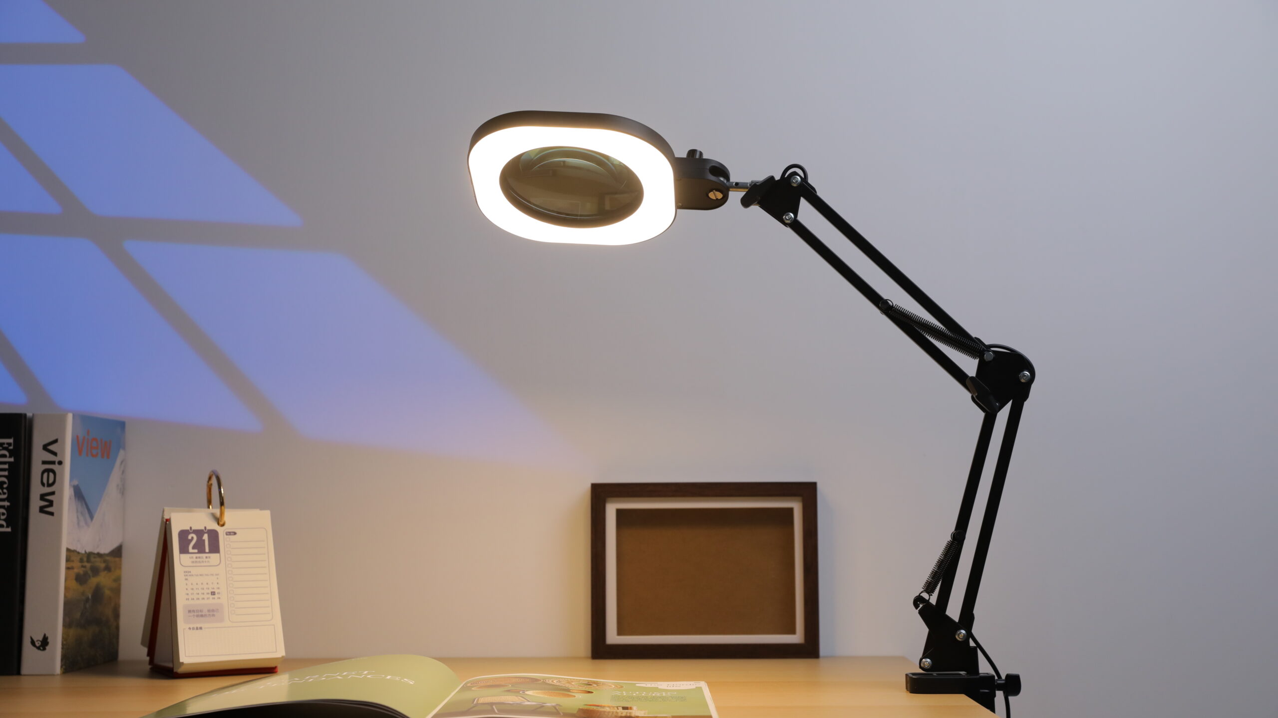 Close-up of an LED magnifying lamp lens and surrounding light source