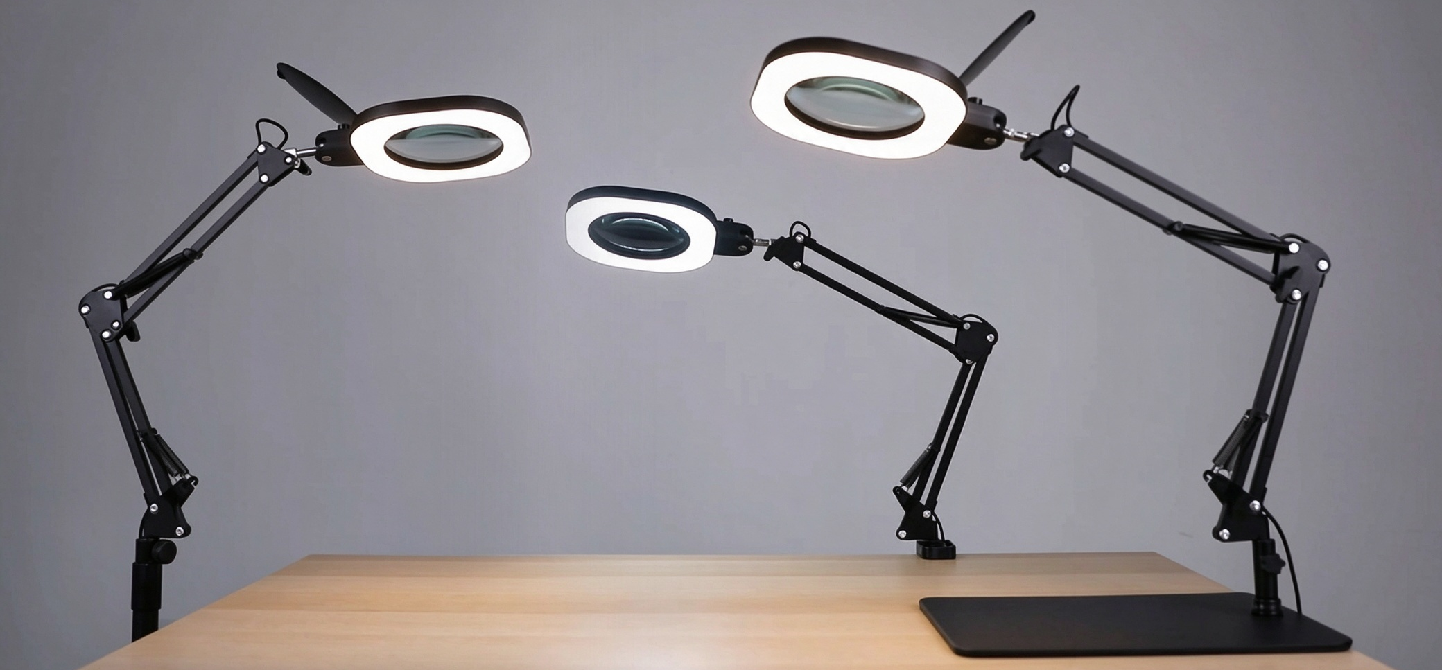 LED magnifying lamp with adjustable arm and mounting options